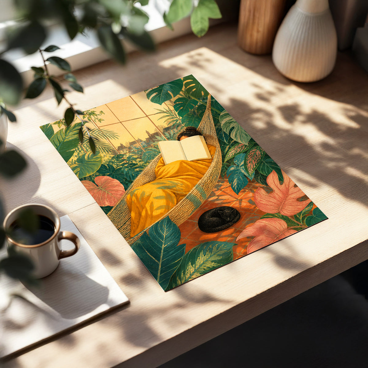 Pages Among the Palms, green, gold, orange nature wall art displayed in a styled interior, gallery view 5
