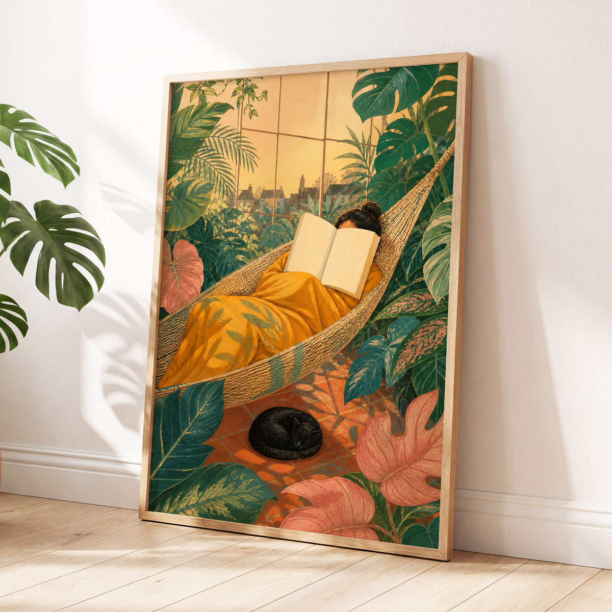 Pages Among the Palms, green, gold, orange nature wall art displayed in a styled interior, gallery view 6