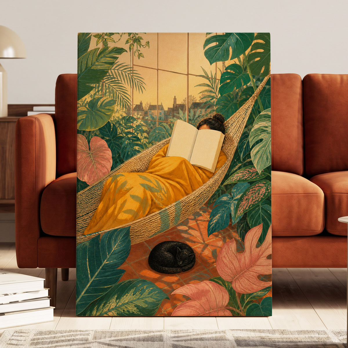 Pages Among the Palms, green, gold, orange nature wall art displayed in a styled interior, gallery view 7