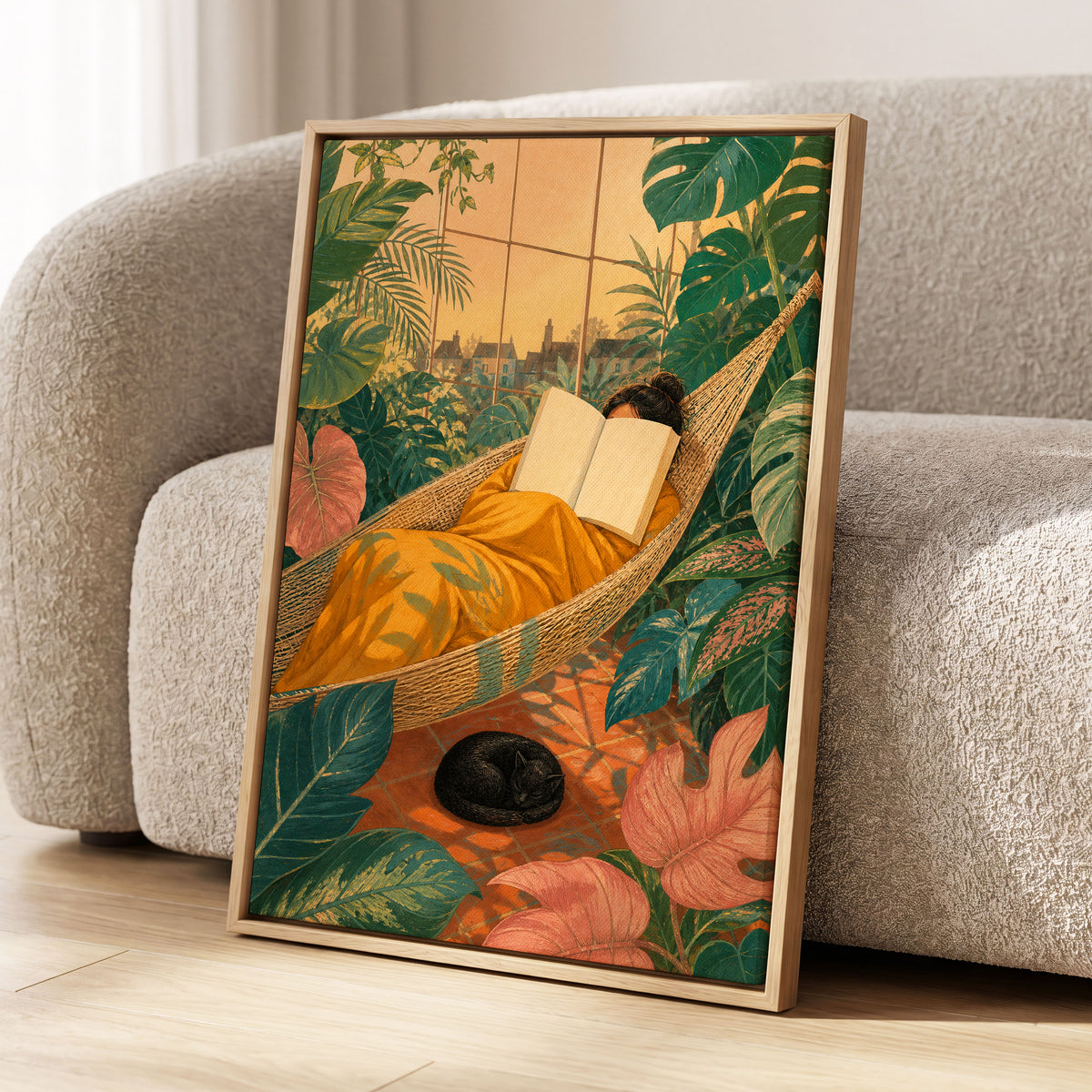 Pages Among the Palms, green, gold, orange nature wall art displayed in a styled interior, gallery view 8