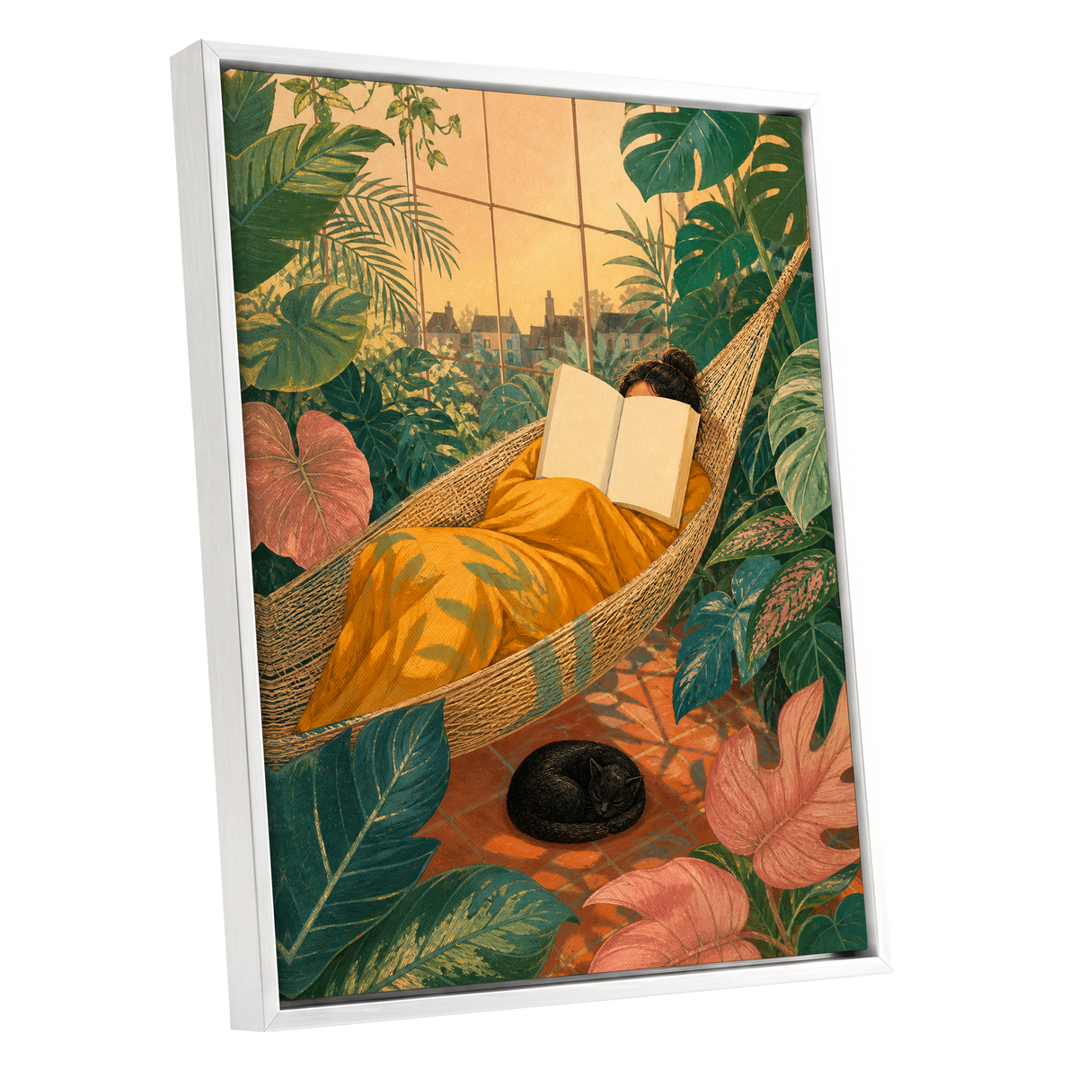 Pages Among the Palms, green, gold, orange nature wall art shown as a white framed canvas wall art