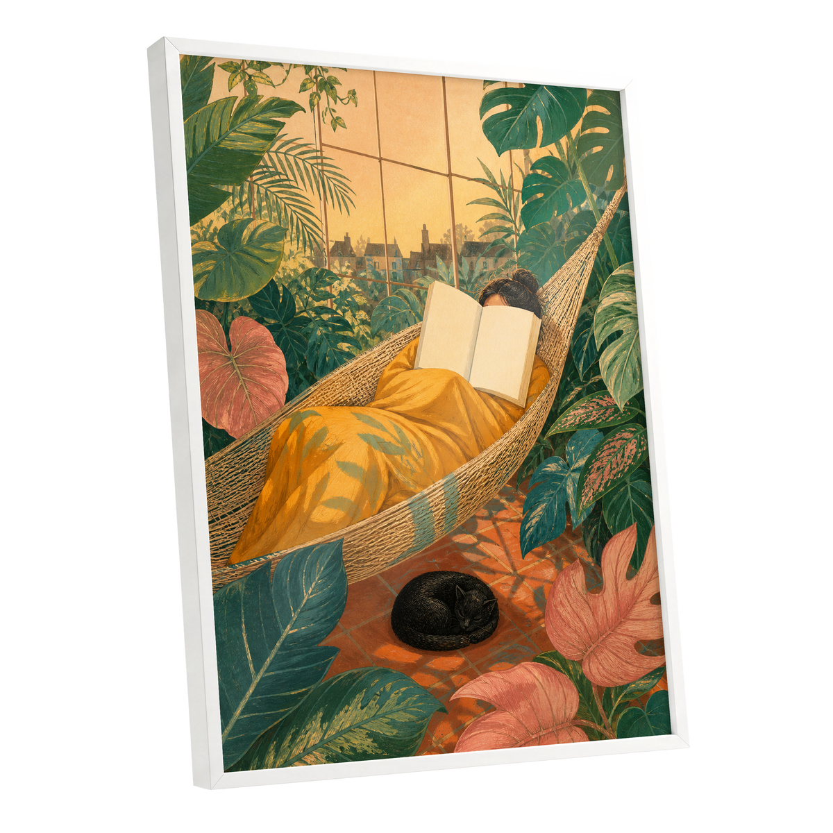Pages Among the Palms, green, gold, orange nature wall art shown as a white framed poster wall art print