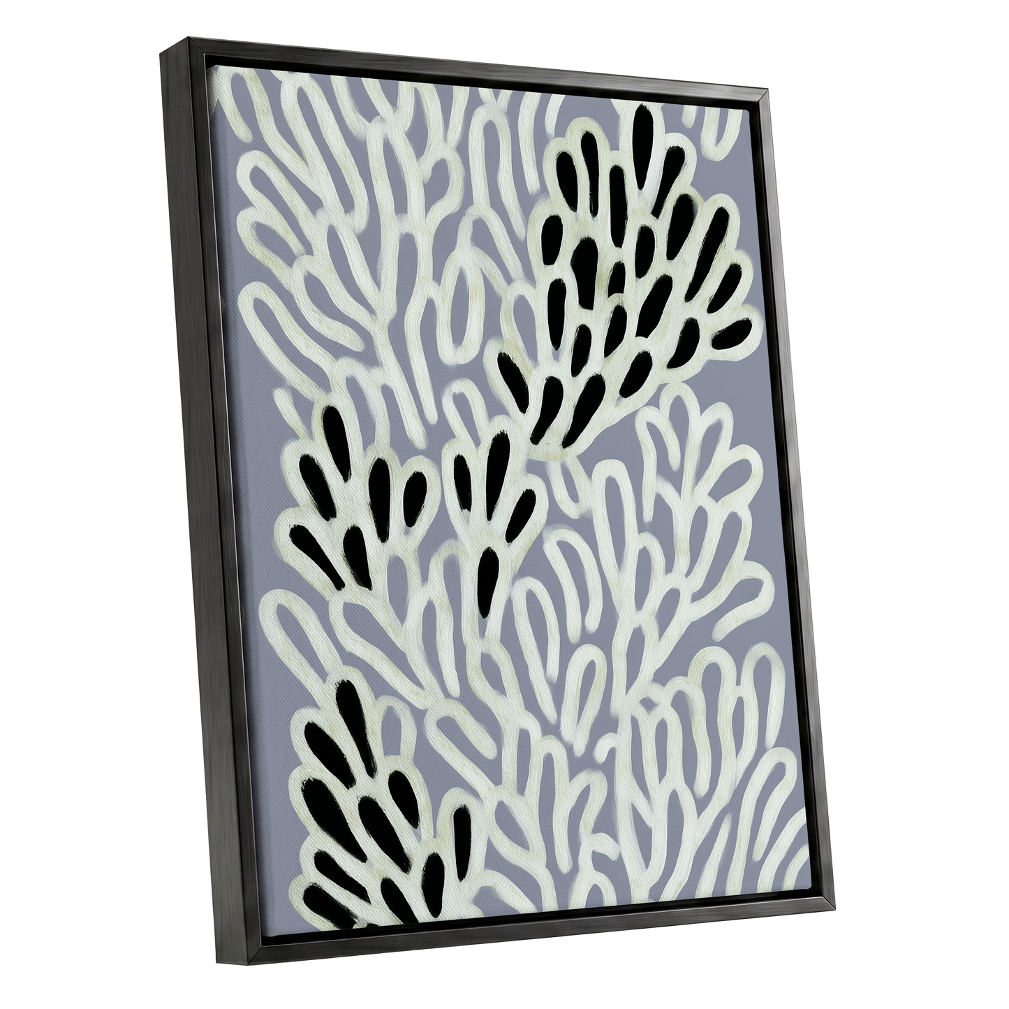 Pale Frond Rhythm, gray, white, beige nature wall art shown as a black framed canvas wall art
