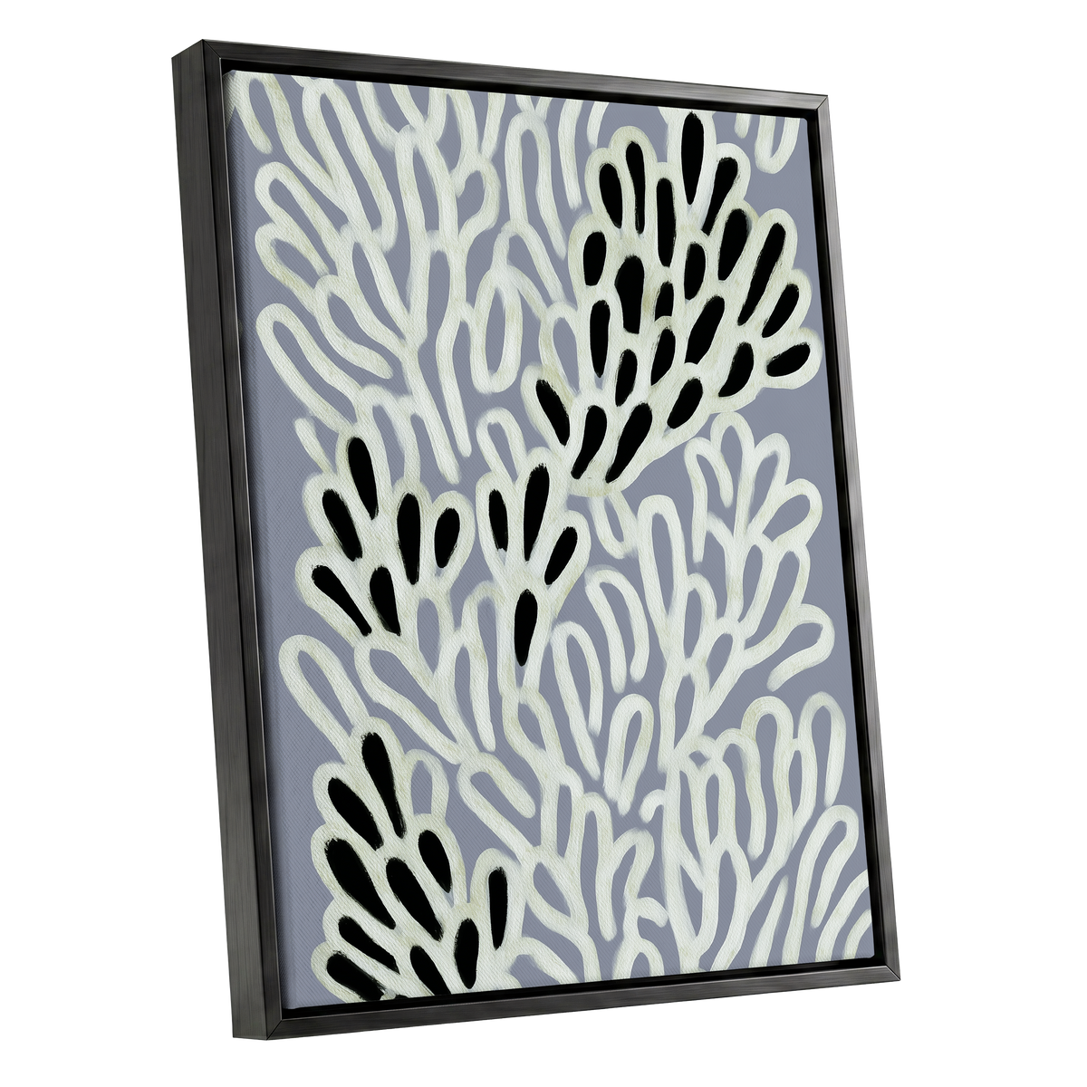 Pale Frond Rhythm, gray, white, beige nature wall art shown as a black framed canvas wall art