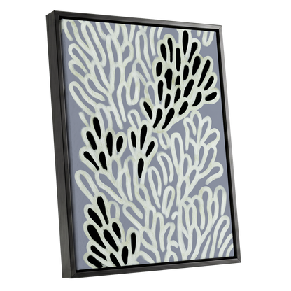 Pale Frond Rhythm, gray, white, beige nature wall art shown as a black framed canvas wall art