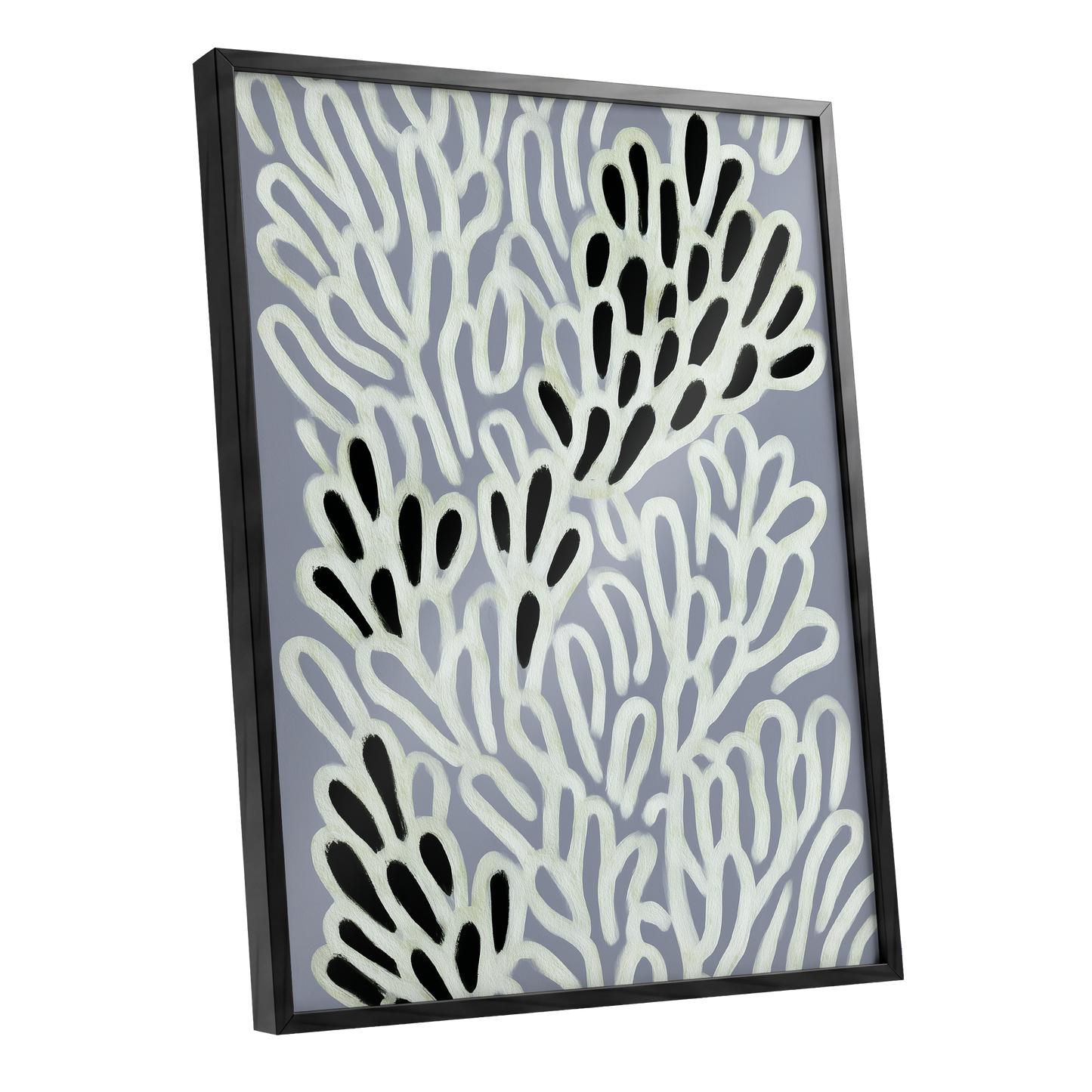 Pale Frond Rhythm, gray, white, beige nature wall art shown as a black framed poster wall art print