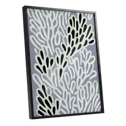 Pale Frond Rhythm, gray, white, beige nature wall art shown as a black framed poster wall art print