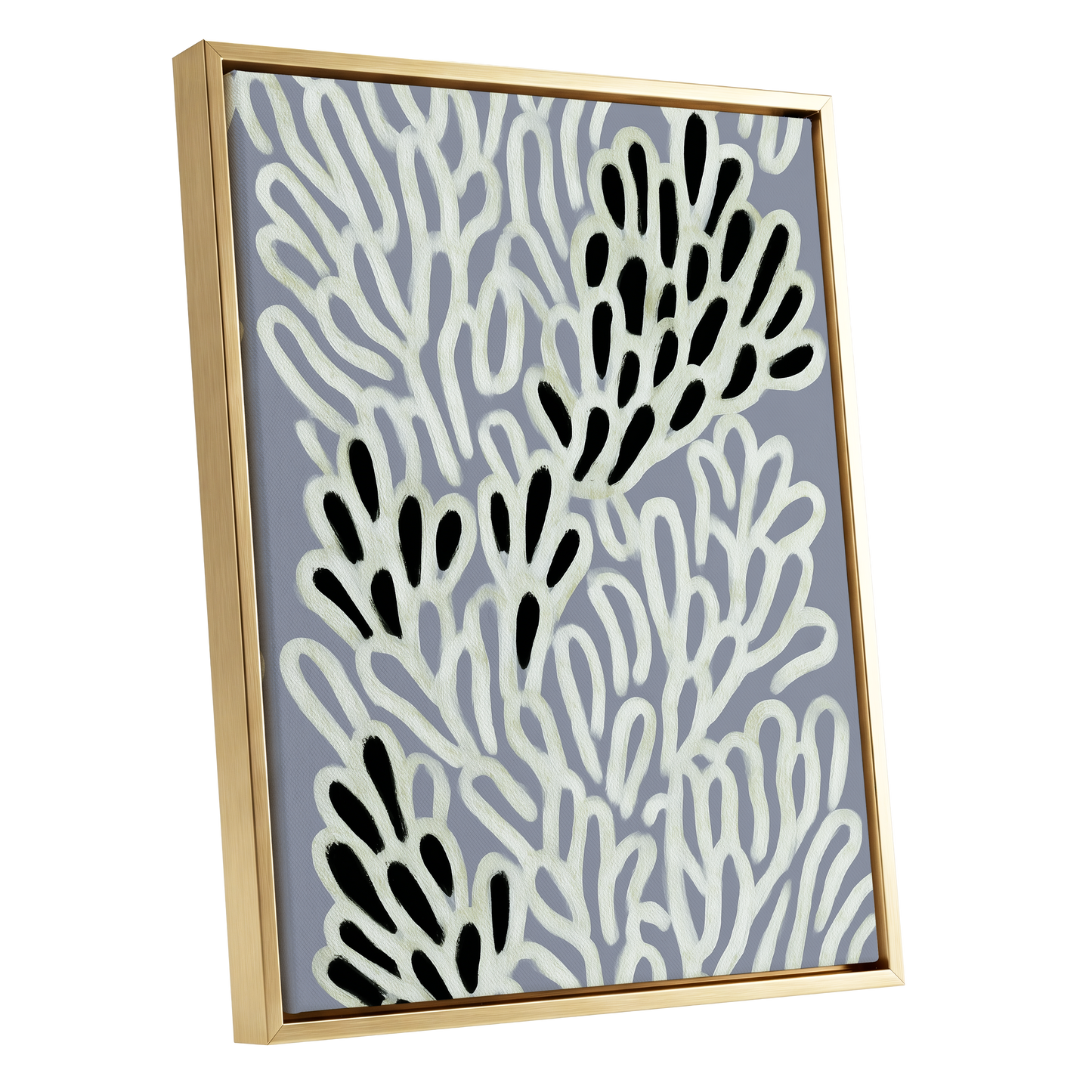 Pale Frond Rhythm, gray, white, beige nature wall art shown as a gold framed canvas wall art