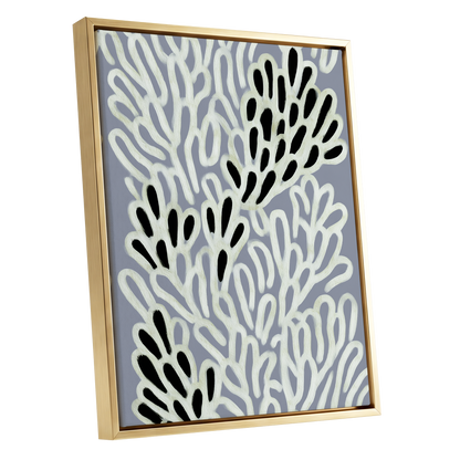 Pale Frond Rhythm, gray, white, beige nature wall art shown as a gold framed canvas wall art