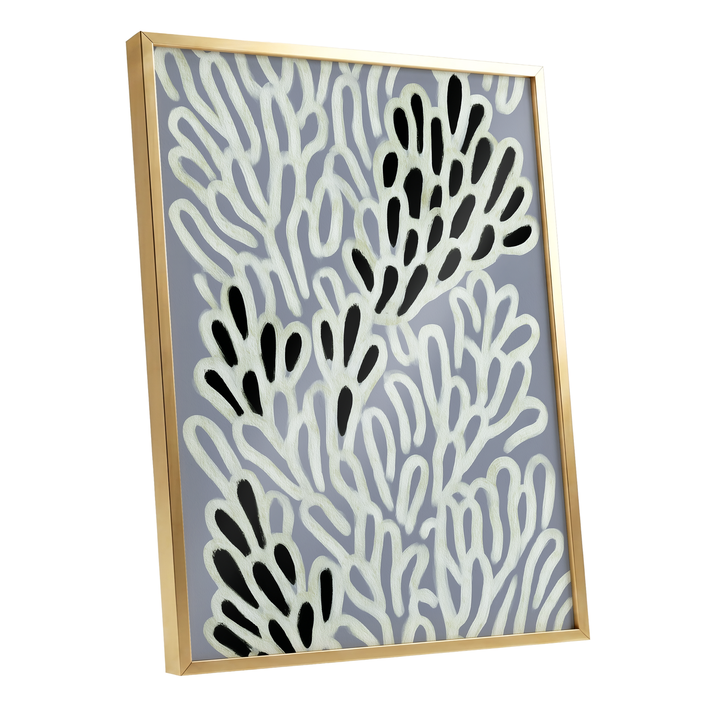 Pale Frond Rhythm, gray, white, beige nature wall art shown as a gold framed poster wall art print