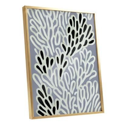 Pale Frond Rhythm, gray, white, beige nature wall art shown as a gold framed poster wall art print
