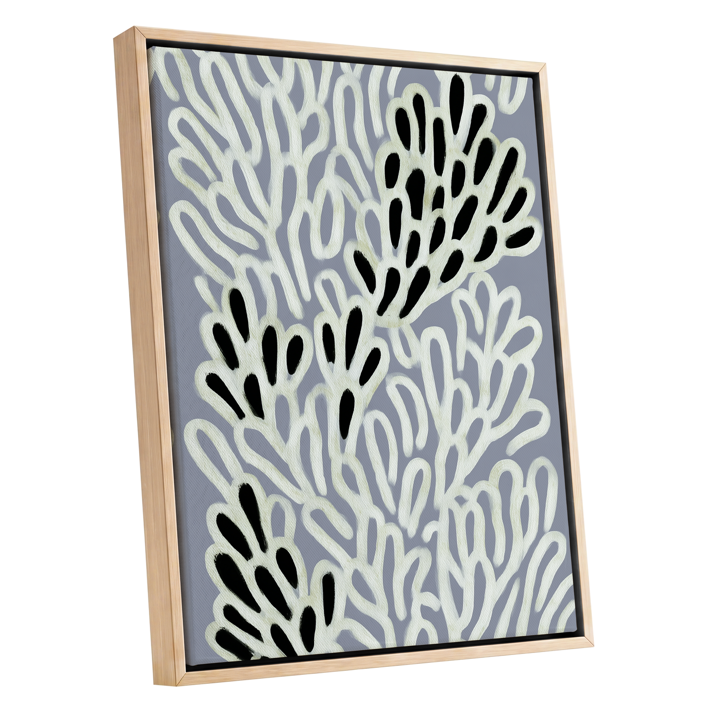 Pale Frond Rhythm, gray, white, beige nature wall art shown as a oak framed canvas wall art