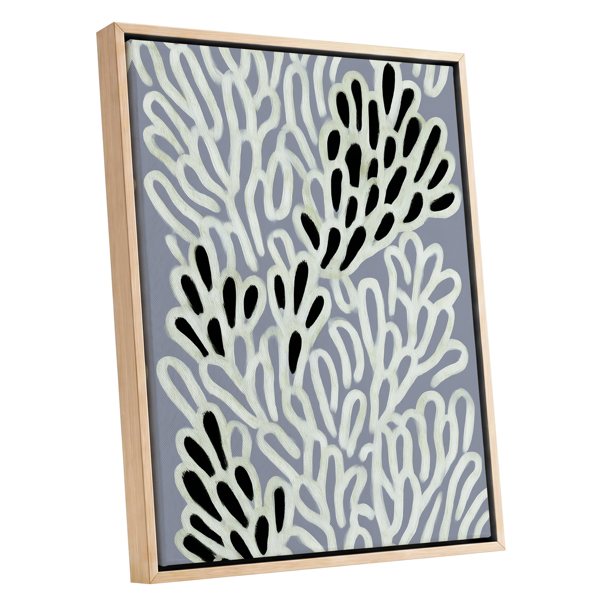 Pale Frond Rhythm, gray, white, beige nature wall art shown as a oak framed canvas wall art