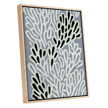 Pale Frond Rhythm, gray, white, beige nature wall art shown as a oak framed canvas wall art