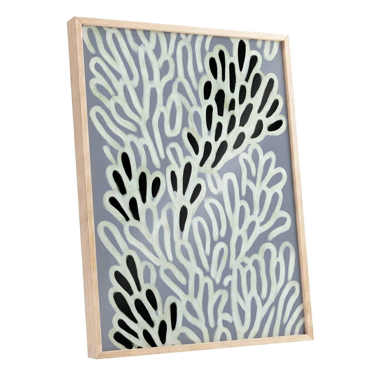 Pale Frond Rhythm, gray, white, beige nature wall art shown as a oak framed poster wall art print