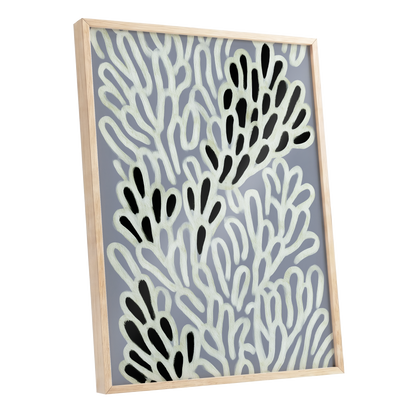 Pale Frond Rhythm, gray, white, beige nature wall art shown as a oak framed poster wall art print