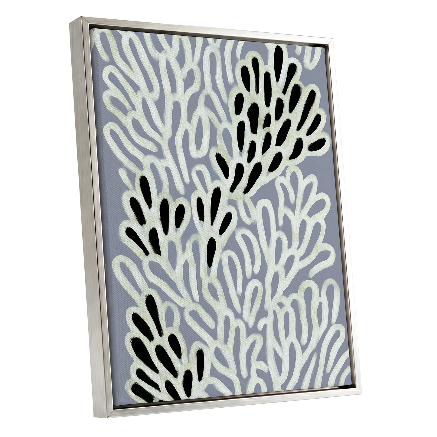 Pale Frond Rhythm, gray, white, beige nature wall art shown as a silver framed canvas wall art