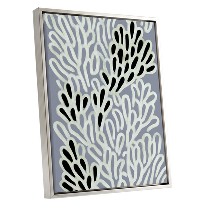 Pale Frond Rhythm, gray, white, beige nature wall art shown as a silver framed canvas wall art