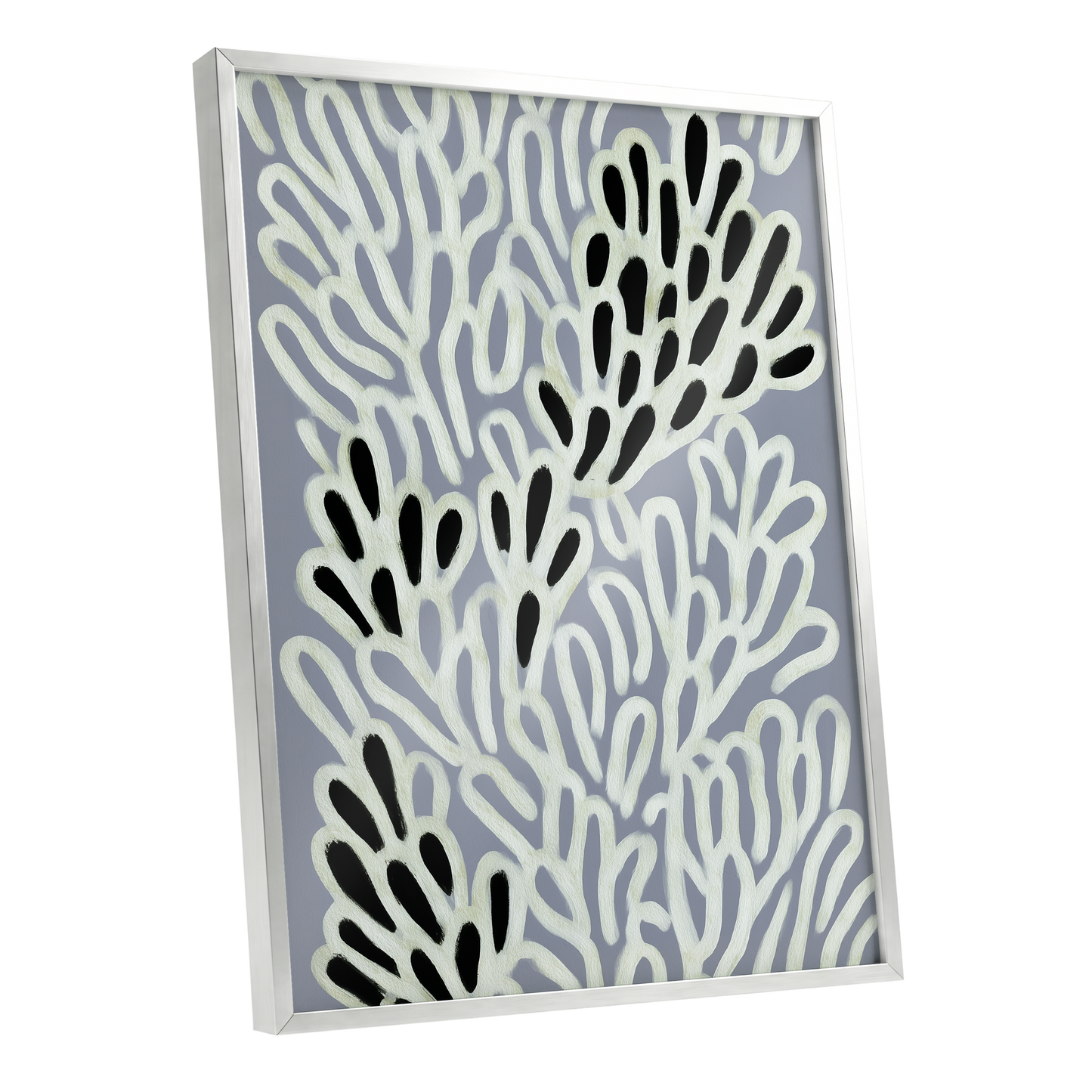 Pale Frond Rhythm, gray, white, beige nature wall art shown as a silver framed poster wall art print
