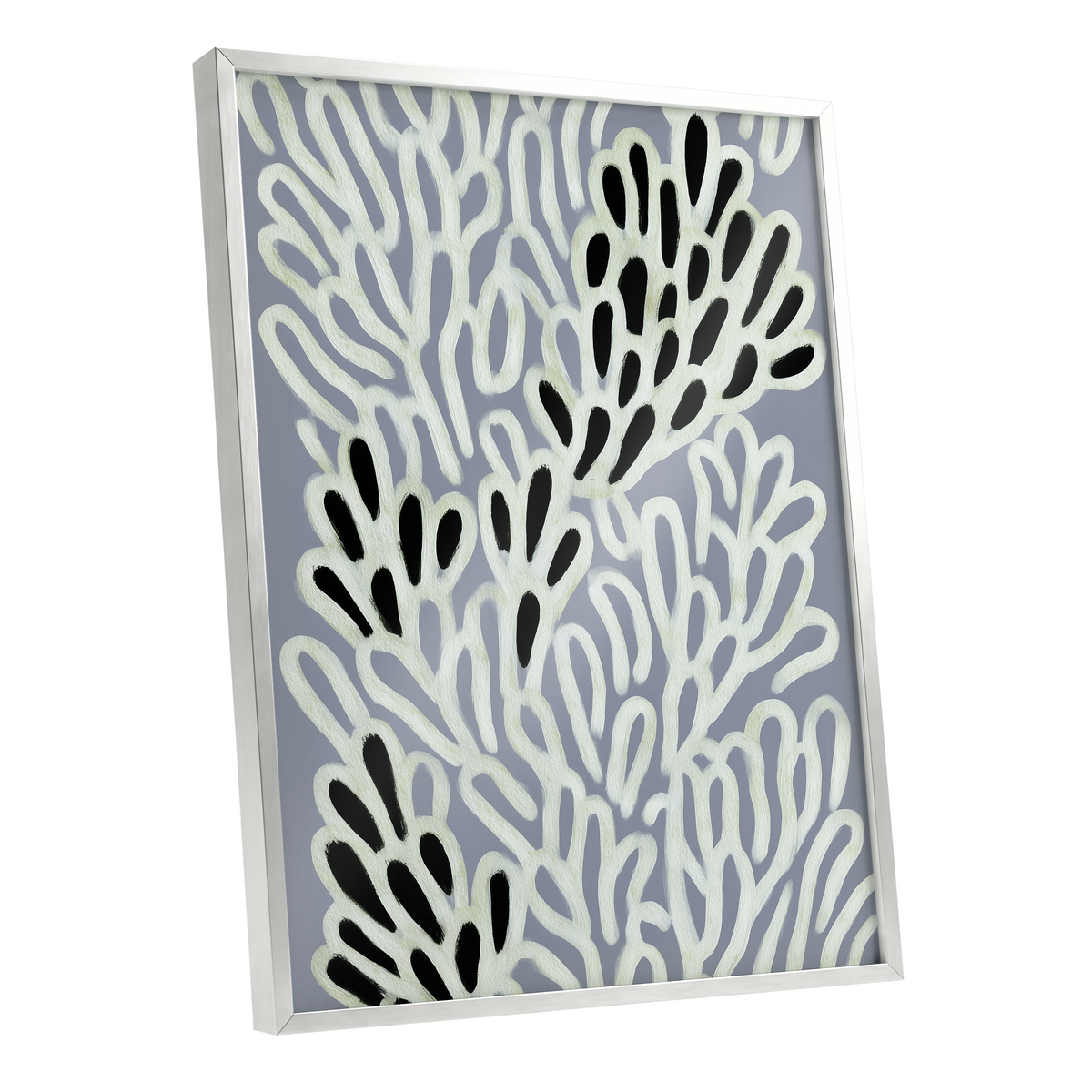 Pale Frond Rhythm, gray, white, beige nature wall art shown as a silver framed poster wall art print