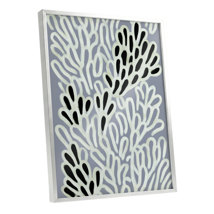 Pale Frond Rhythm, gray, white, beige nature wall art shown as a silver framed poster wall art print
