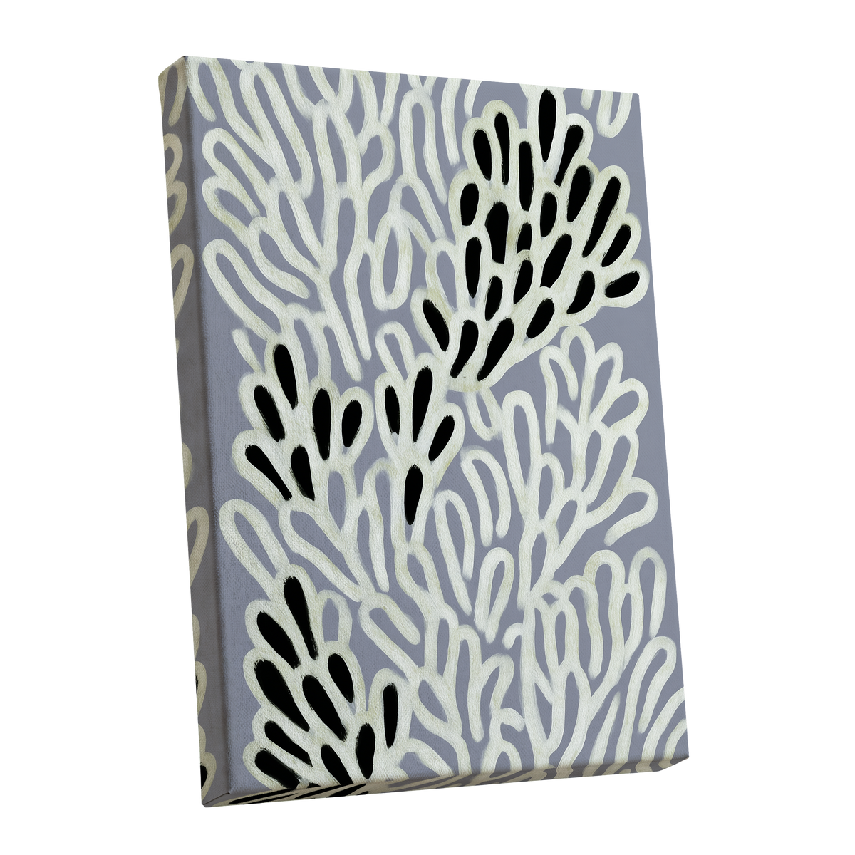 Pale Frond Rhythm, gray, white, beige nature wall art shown as a stretched canvas wall art