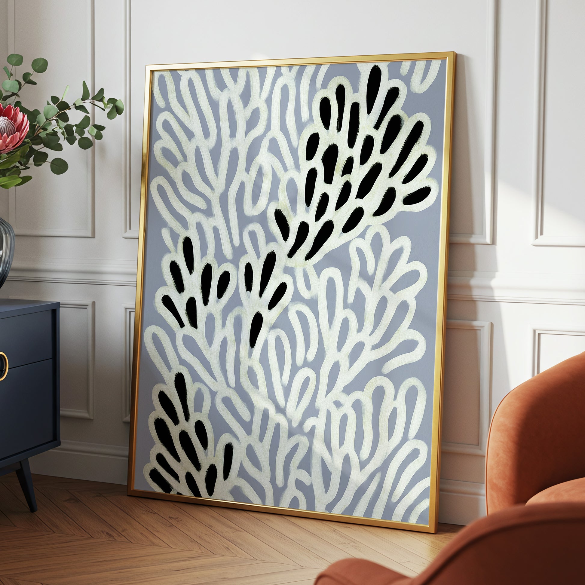 Pale Frond Rhythm, gray, white, beige nature wall art displayed in a styled interior, gallery view 2
