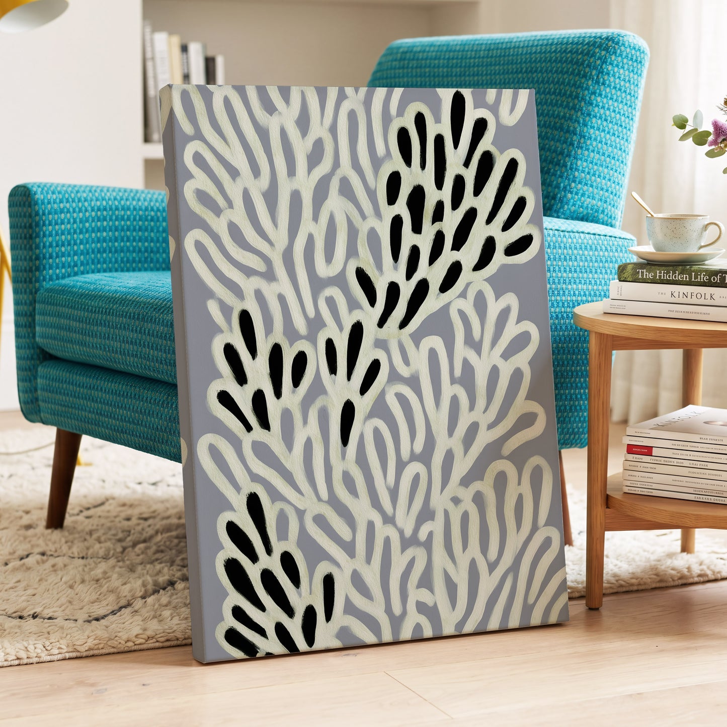 Pale Frond Rhythm, gray, white, beige nature wall art displayed in a styled interior, gallery view 3