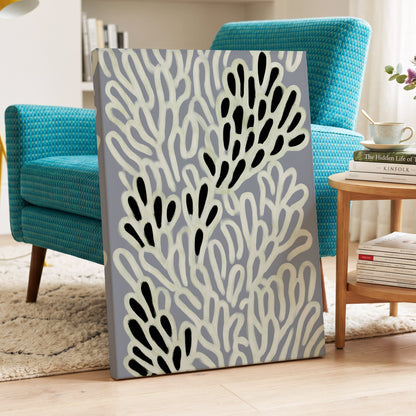 Pale Frond Rhythm, gray, white, beige nature wall art displayed in a styled interior, gallery view 3