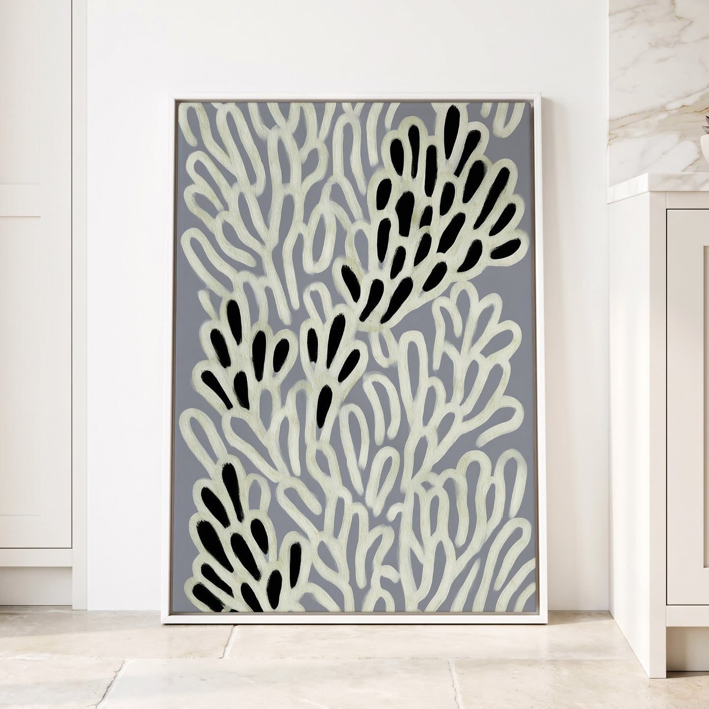 Pale Frond Rhythm, gray, white, beige nature wall art displayed in a styled interior, gallery view 4