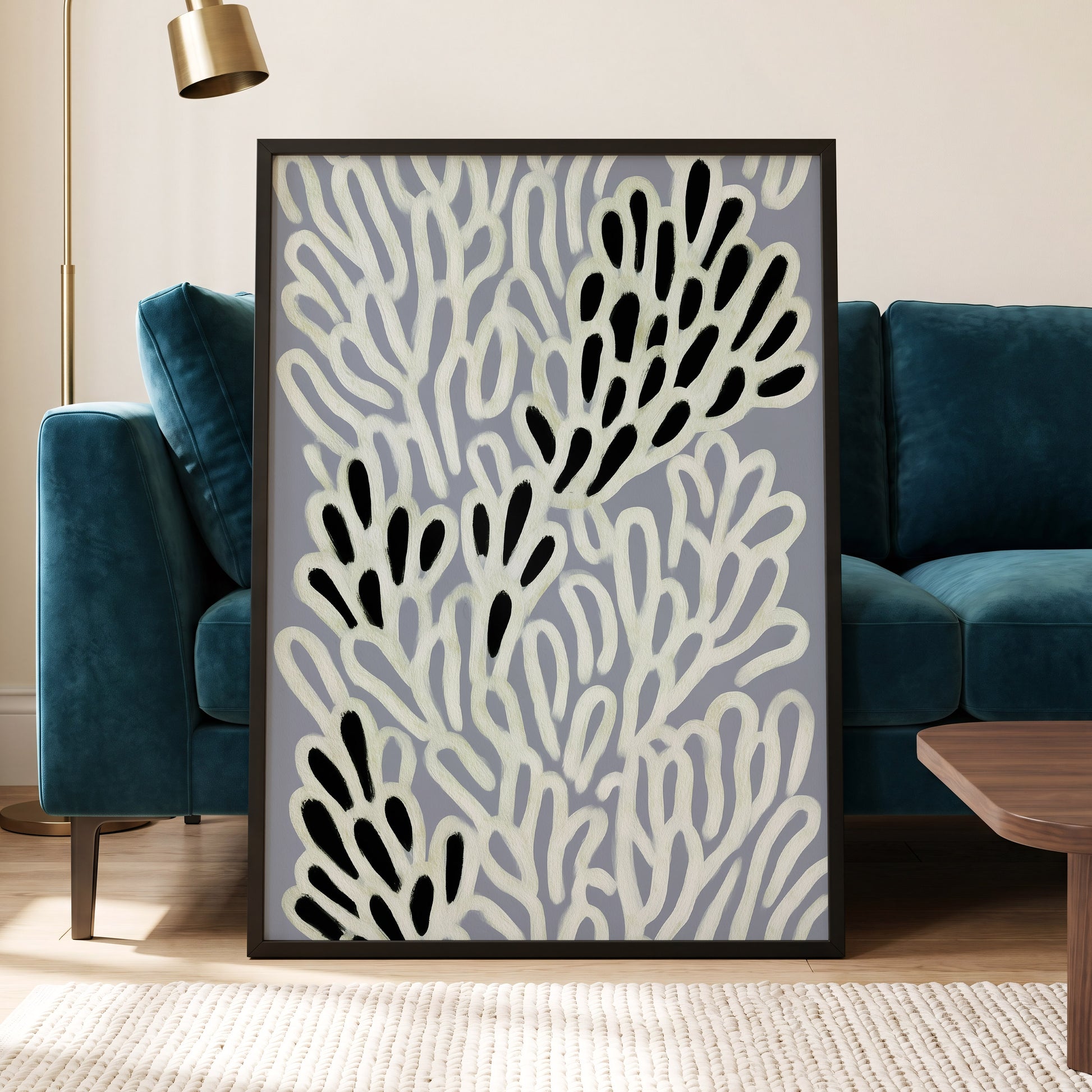 Pale Frond Rhythm, gray, white, beige nature wall art displayed in a styled interior, gallery view 6