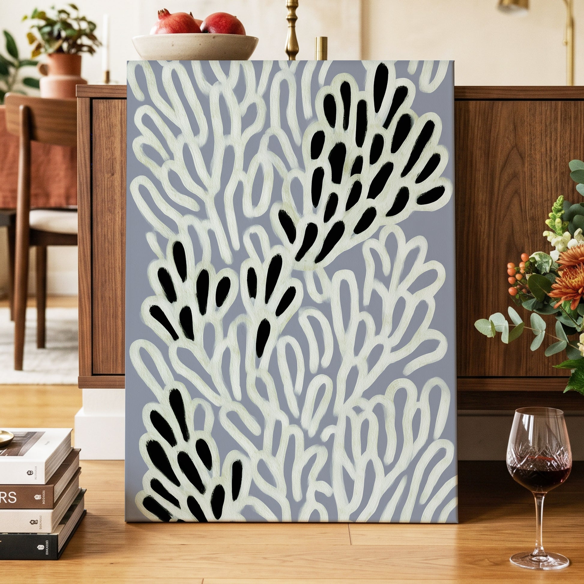 Pale Frond Rhythm, gray, white, beige nature wall art displayed in a styled interior, gallery view 7