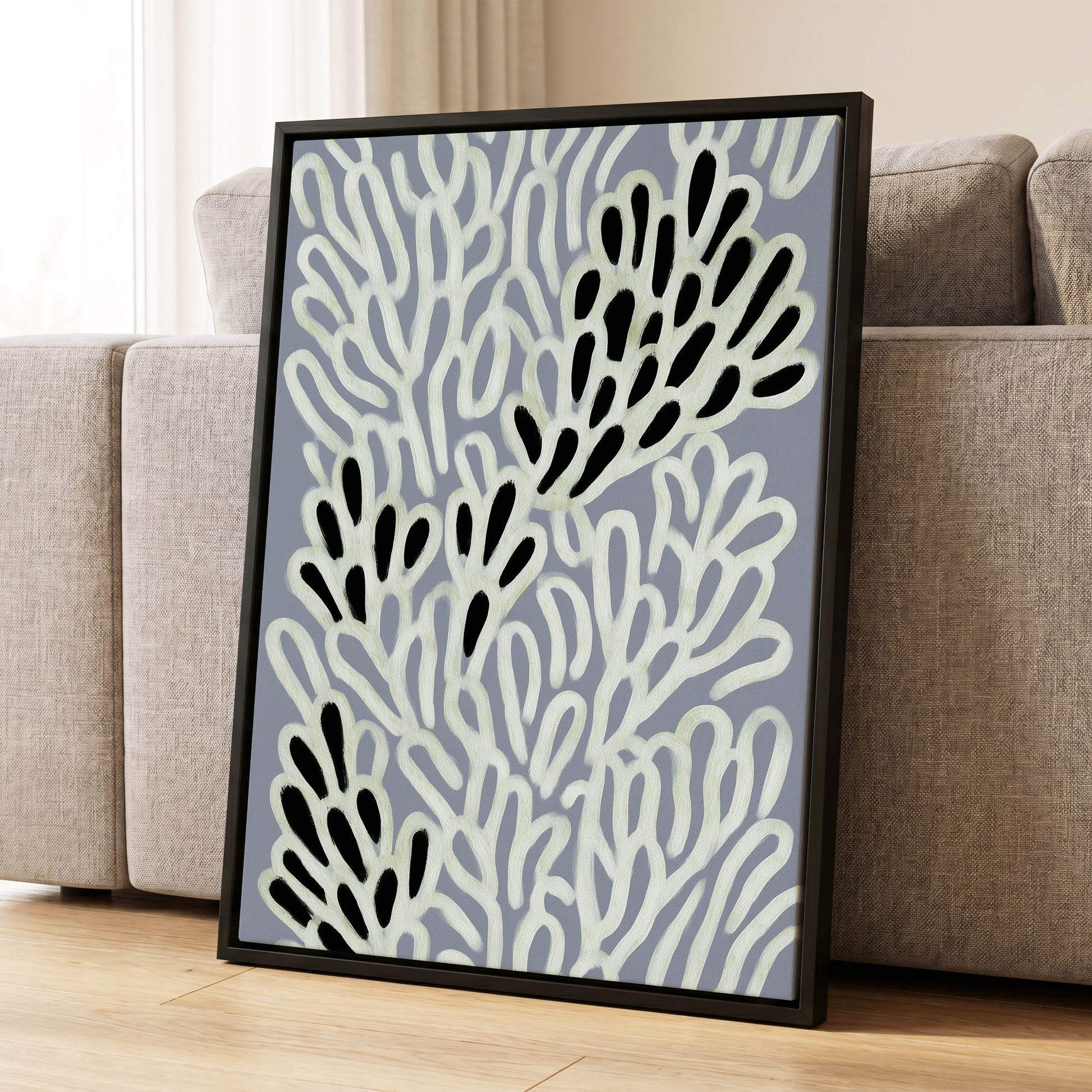 Pale Frond Rhythm, gray, white, beige nature wall art displayed in a styled interior, gallery view 8