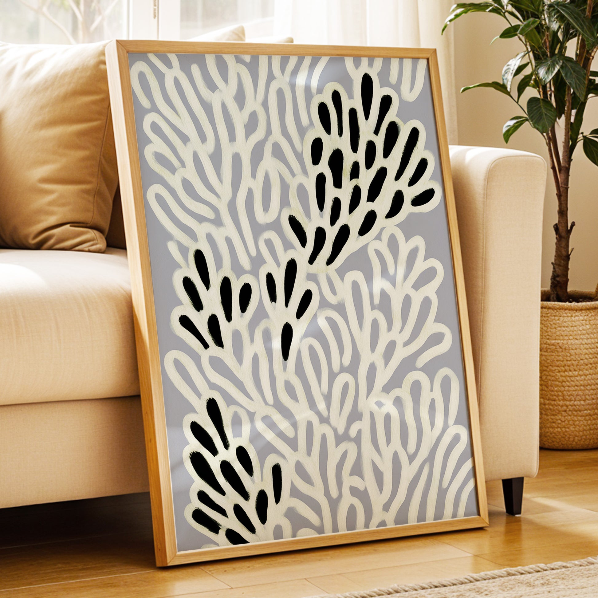 Pale Frond Rhythm, gray, white, beige nature wall art displayed in a styled interior, gallery view 9