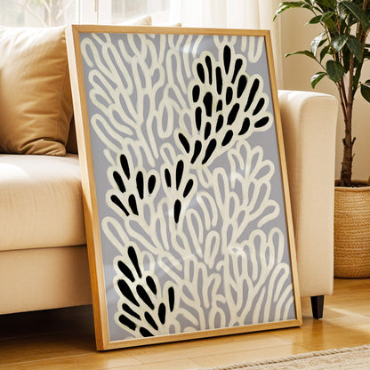 Pale Frond Rhythm, gray, white, beige nature wall art displayed in a styled interior, gallery view 9