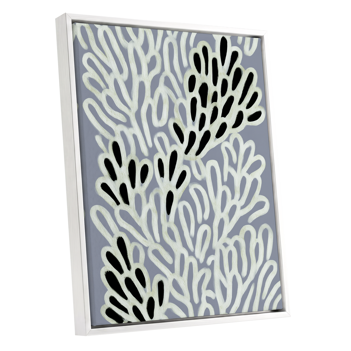 Pale Frond Rhythm, gray, white, beige nature wall art shown as a white framed canvas wall art