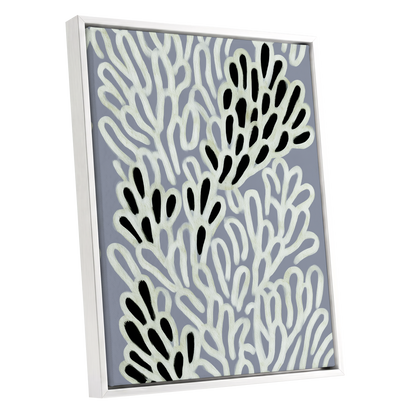 Pale Frond Rhythm, gray, white, beige nature wall art shown as a white framed canvas wall art