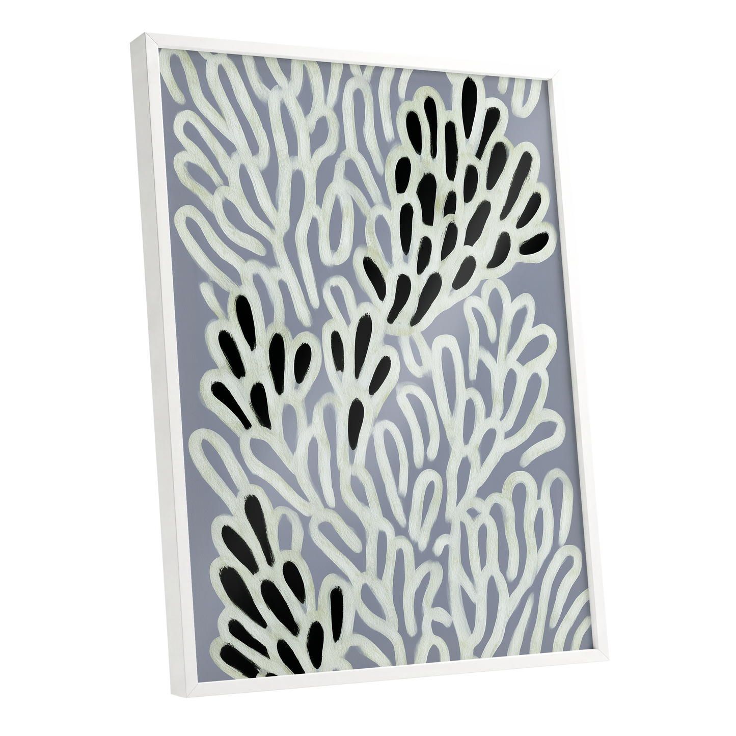 Pale Frond Rhythm, gray, white, beige nature wall art shown as a white framed poster wall art print