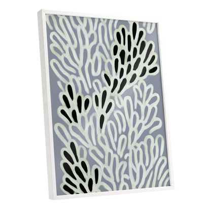 Pale Frond Rhythm, gray, white, beige nature wall art shown as a white framed poster wall art print
