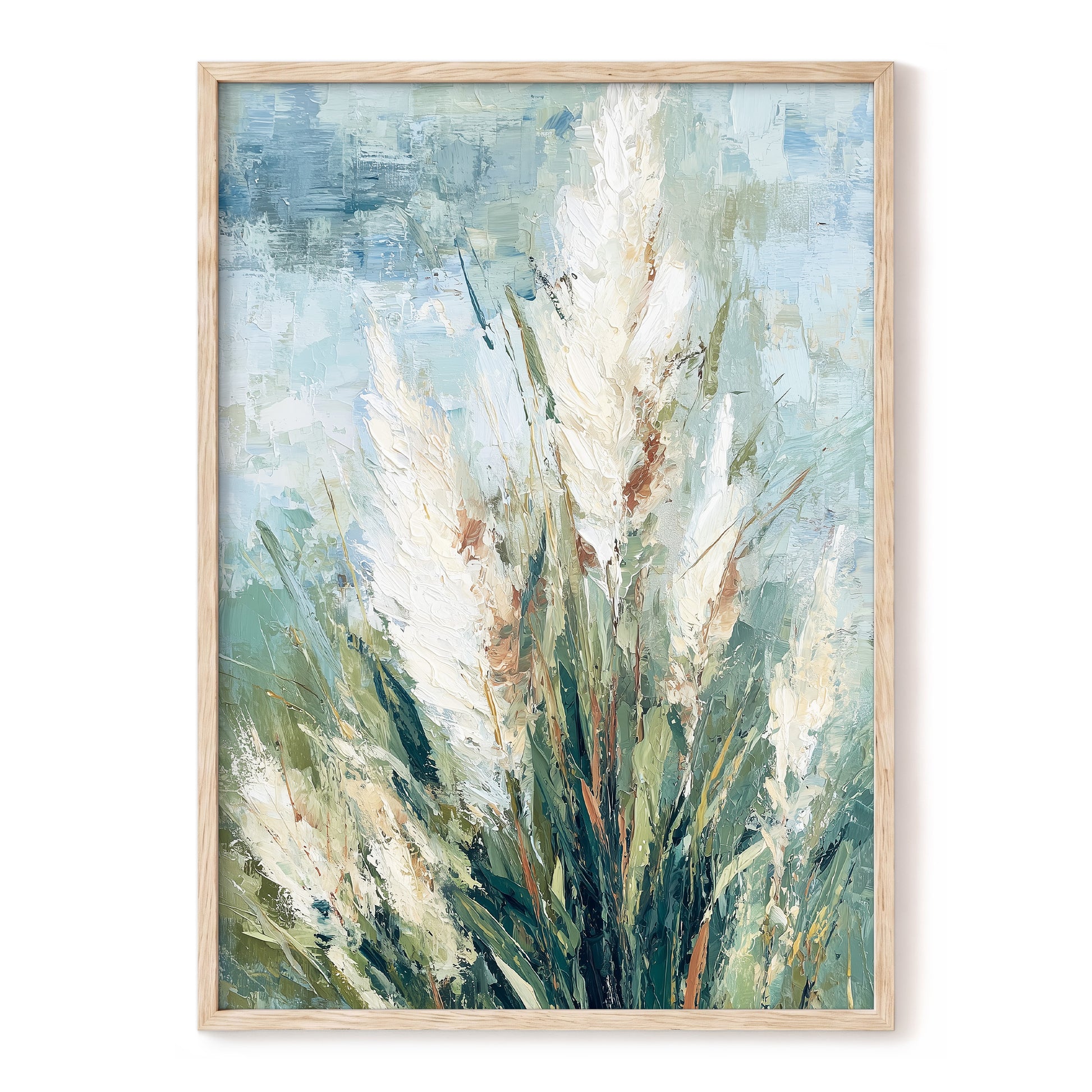 Pale Meadow Plumes – white, green, blue floral wall art, front view