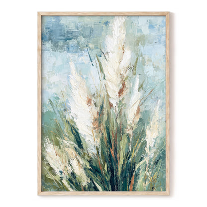 Pale Meadow Plumes – white, green, blue floral wall art, front view