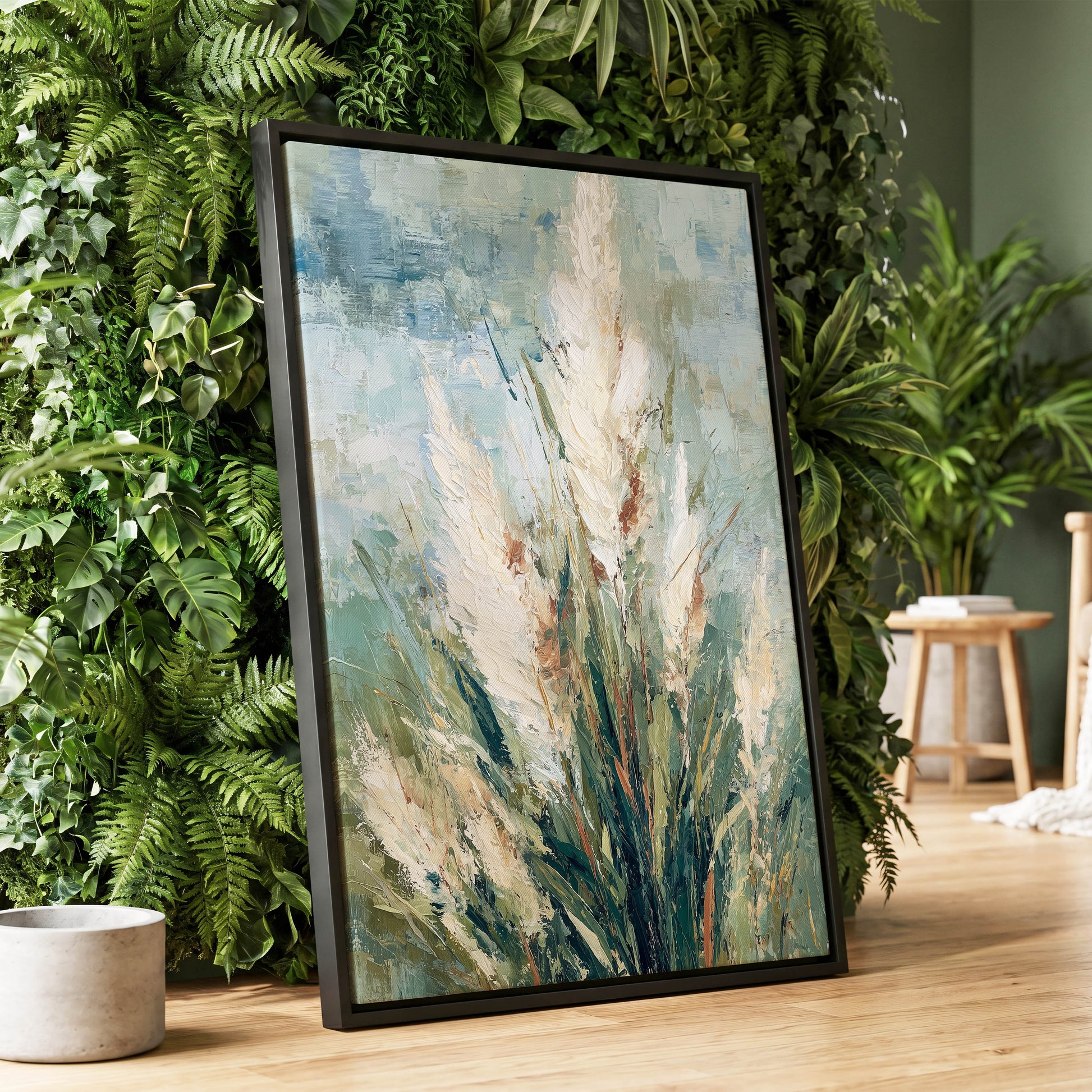 Pale Meadow Plumes – wall art displayed in a styled interior, gallery view 1