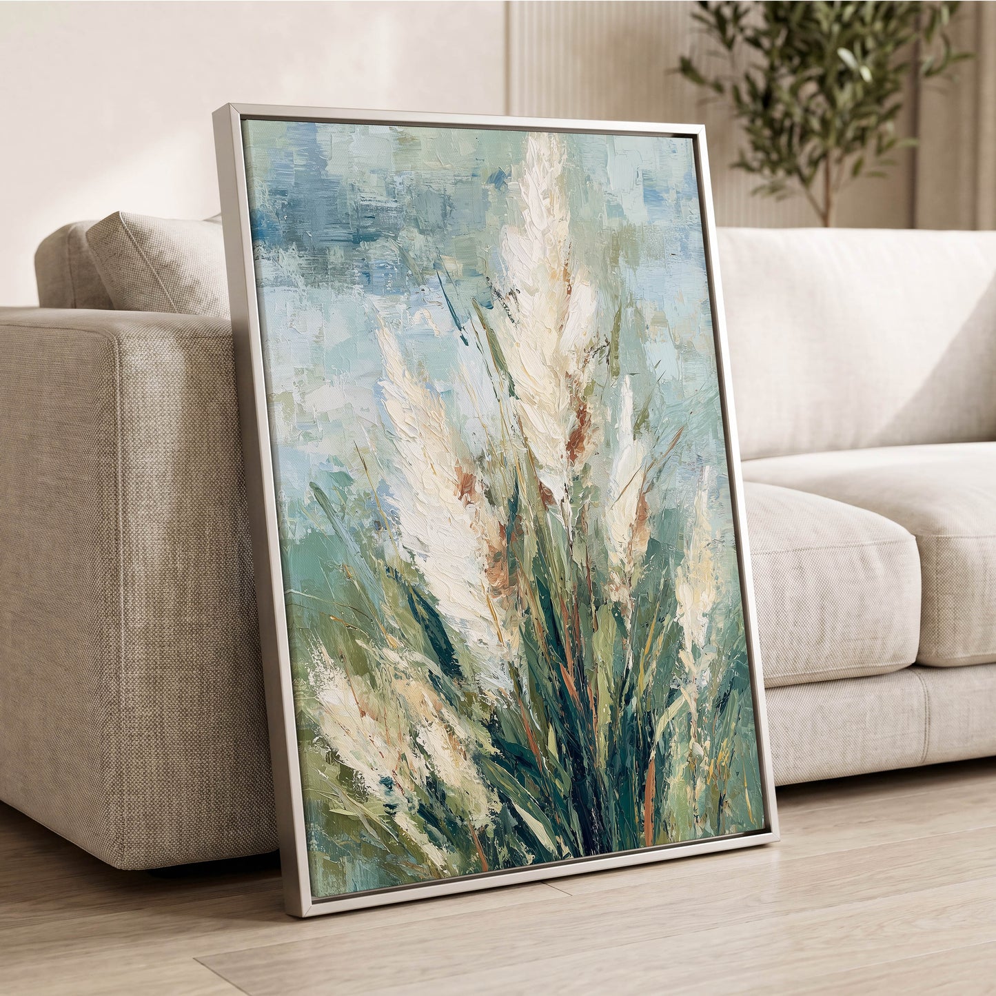 Pale Meadow Plumes – wall art displayed in a styled interior, gallery view 2