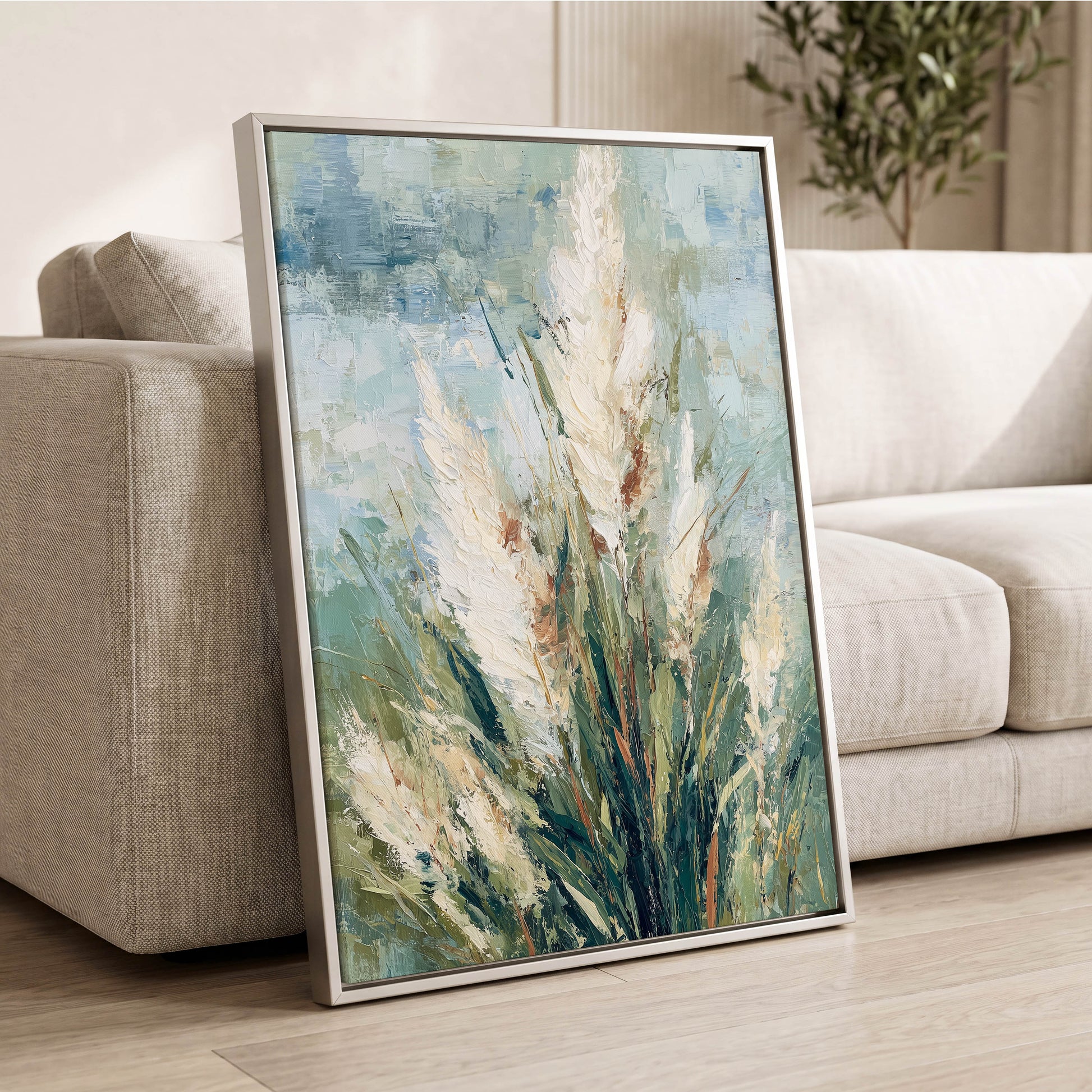 Pale Meadow Plumes – wall art displayed in a styled interior, gallery view 2