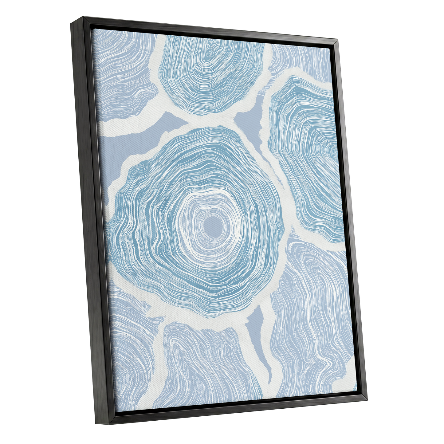 Pale Tidal Whorls, blue, white, gray abstract wall art shown as a black framed canvas wall art