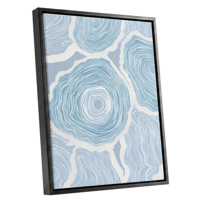 Pale Tidal Whorls, blue, white, gray abstract wall art shown as a black framed canvas wall art