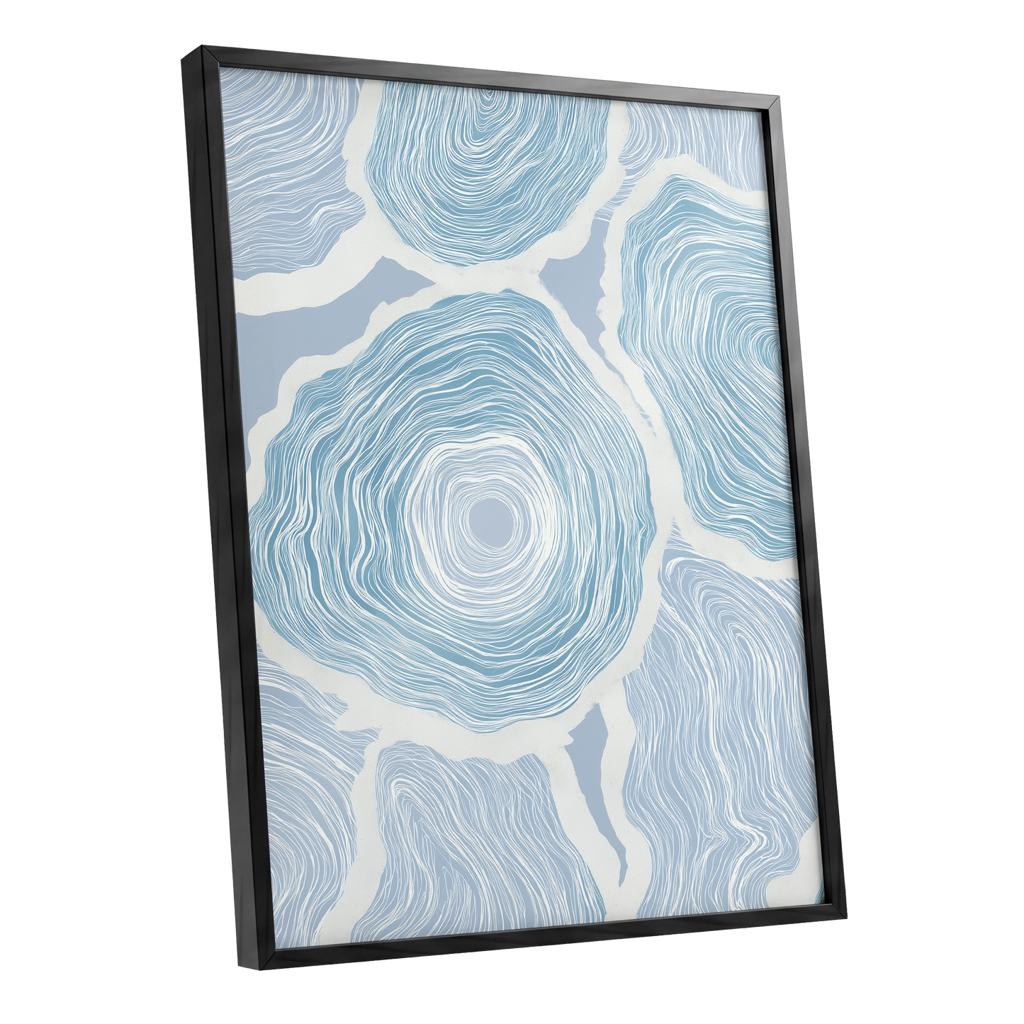 Pale Tidal Whorls, blue, white, gray abstract wall art shown as a black framed poster wall art print
