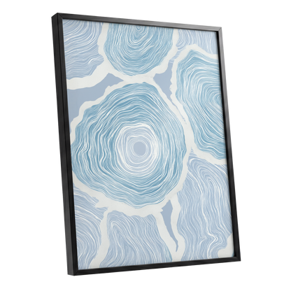 Pale Tidal Whorls, blue, white, gray abstract wall art shown as a black framed poster wall art print