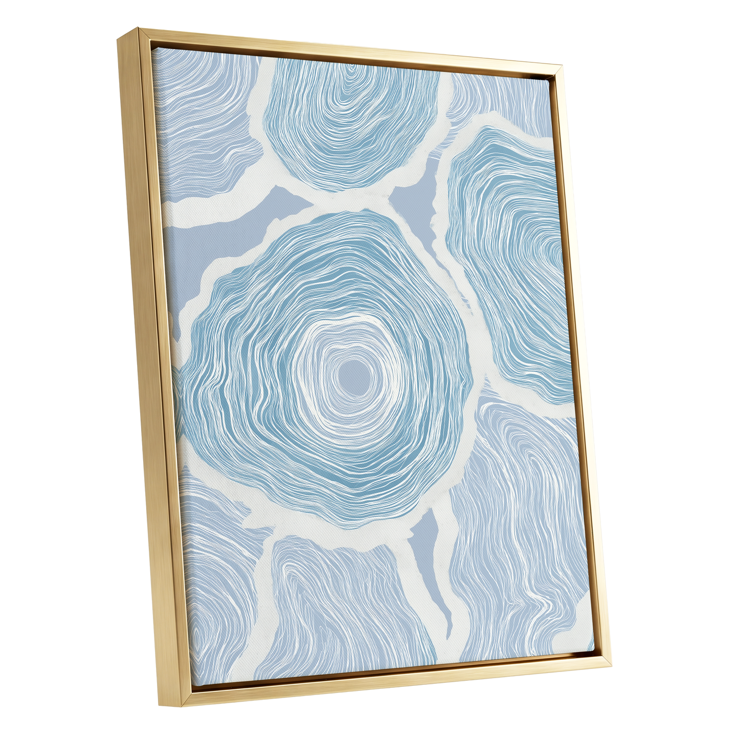 Pale Tidal Whorls, blue, white, gray abstract wall art shown as a gold framed canvas wall art