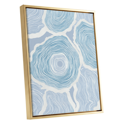 Pale Tidal Whorls, blue, white, gray abstract wall art shown as a gold framed canvas wall art